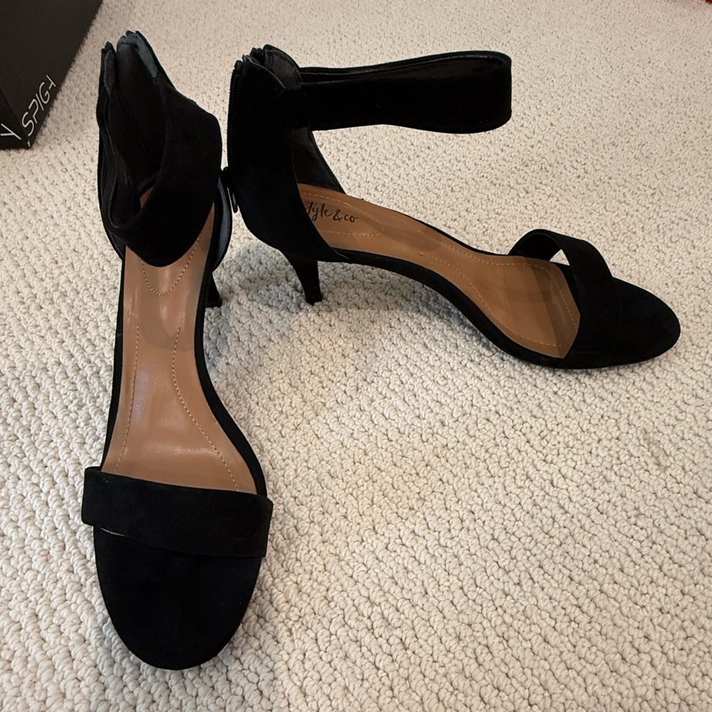 Style & Co. Black Suede Open-Toe Ankle-Strap Heels